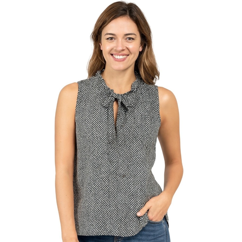 J.Crew Blouse 0‎ White Black Multicolor Keyhole Neck Ruffle Modern Chic Preppy
